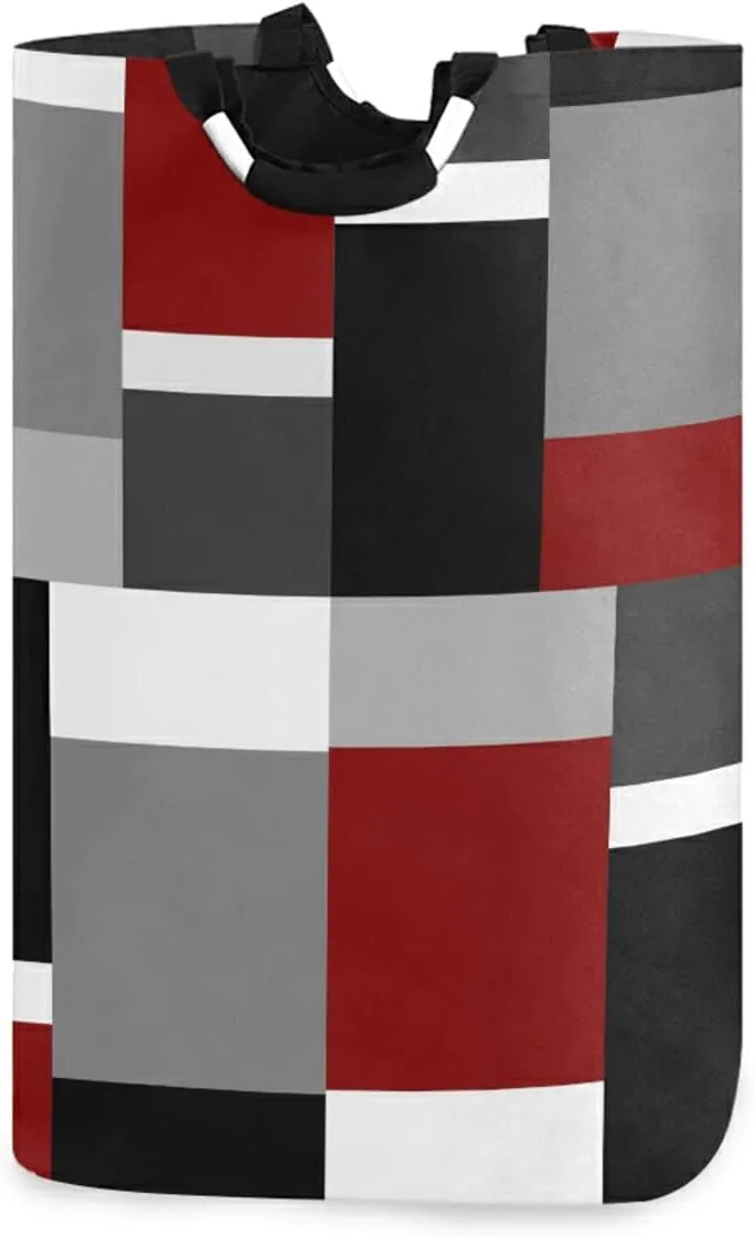 Oyihfvs Seamless Red, Grey, Black and White Rectangles Modern Style Laundry Hamper Basket Bucket, Foldable Dirty Clothes Bag, Waterproof Fabric Washing Bin, Toy Storage with Handles for Bathroom