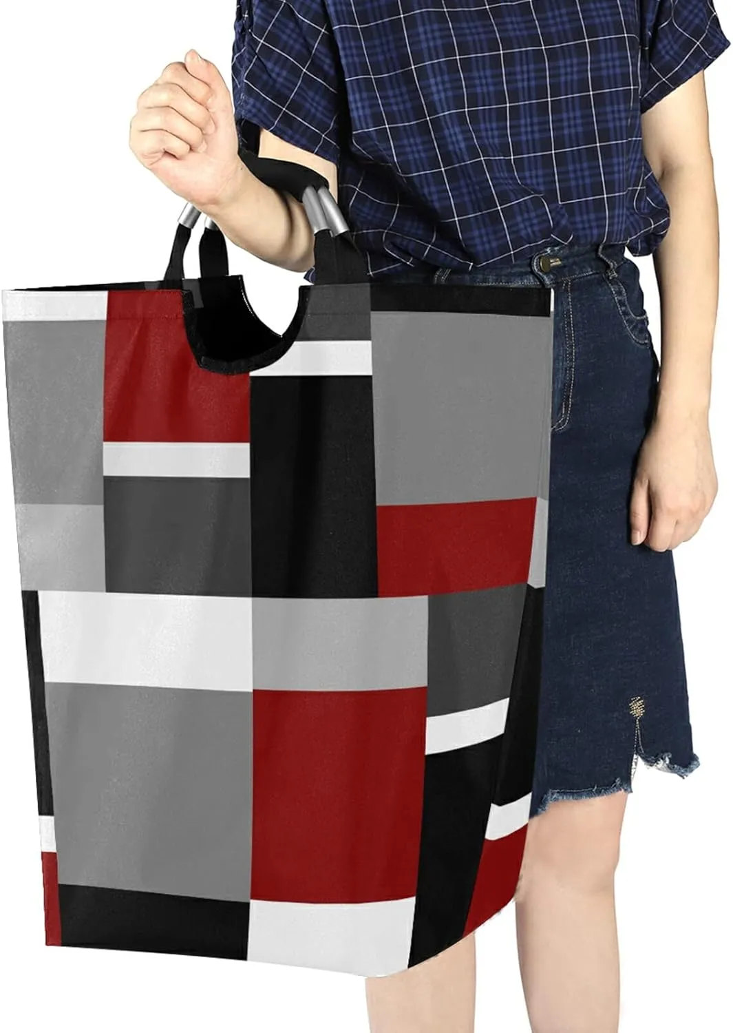 Oyihfvs Seamless Red, Grey, Black and White Rectangles Modern Style Laundry Hamper Basket Bucket, Foldable Dirty Clothes Bag, Waterproof Fabric Washing Bin, Toy Storage with Handles for Bathroom