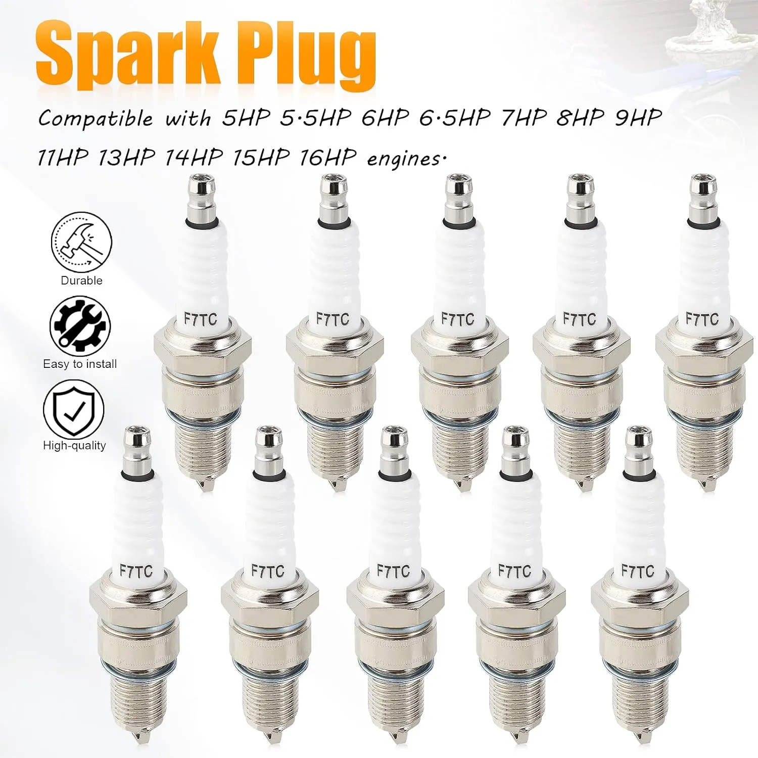 Pack-of-10 Spark Plug F7TC for Generator Lawn Mower Tractor Rototiller Water Pump Go Kart Mini Bike Harbor Freight Predator 212cc Champion 196cc GCV160 GCV190 GX390 BP7ES W5D1 W5DC N7YC N9YC