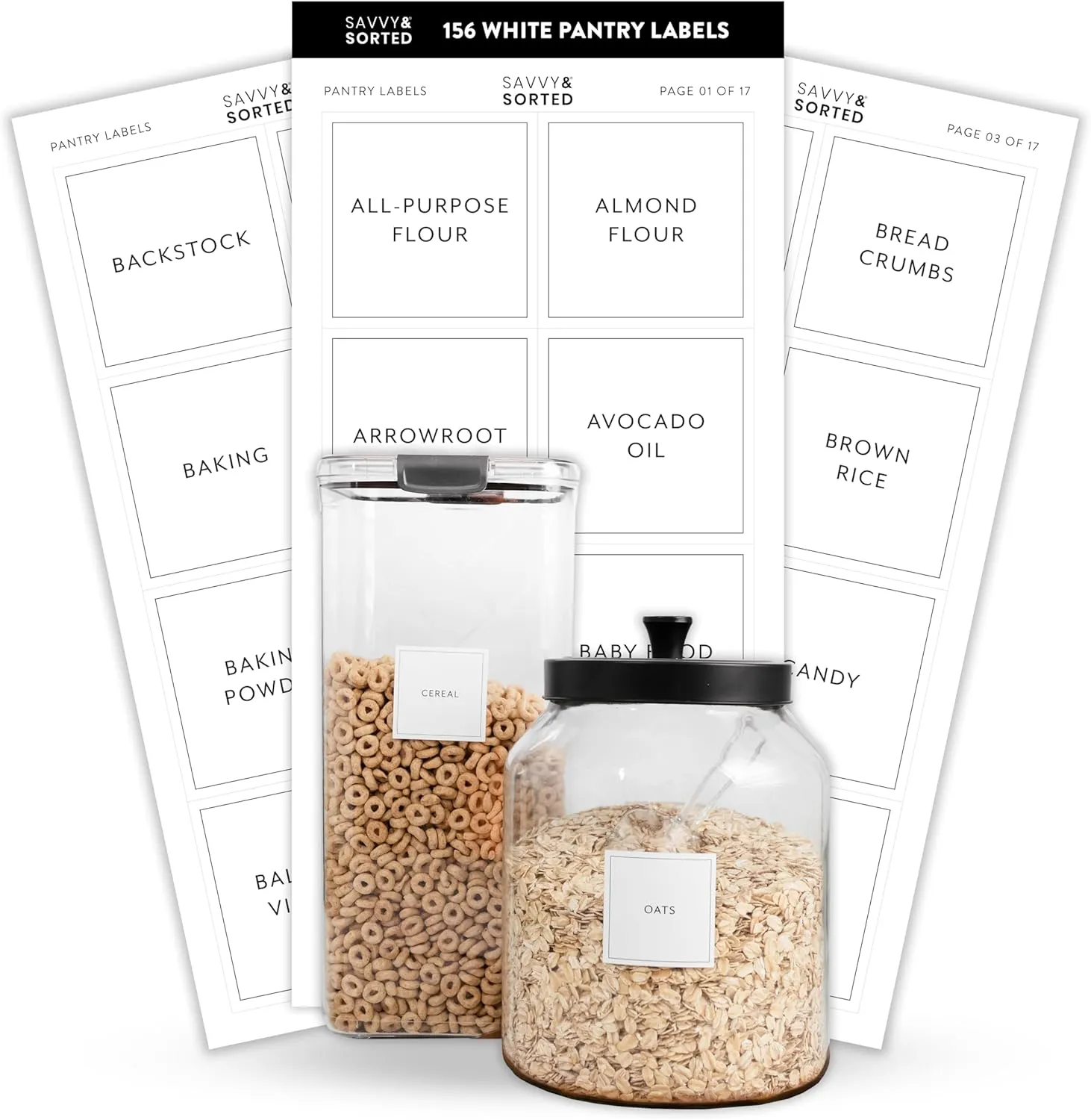 Pantry Labels for Food Containers, 156 Preprinted Kitchen Labels for Storage Bins and Glass Jars, Waterproof Removable Organizing Stickers for Food and Pantry Essentials