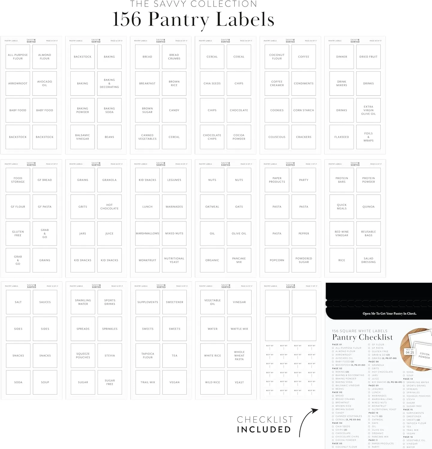 Pantry Labels for Food Containers, 156 Preprinted Kitchen Labels for Storage Bins and Glass Jars, Waterproof Removable Organizing Stickers for Food and Pantry Essentials