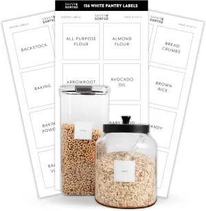 Pantry Labels for Food Containers, 156 Preprinted Kitchen Labels for Storage Bins and Glass Jars, Waterproof Removable Organizing Stickers for Food and Pantry Essentials