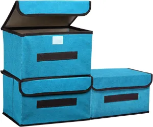 PATIKIL Fabric Collapsible Storage Bin 10.2 x 7.5 x 6.3 Inch, 3 Pcs Foldable Storage Box Cube with Lids and Handle Organizer Container for Home Bedroom Closet Clothes, Blue