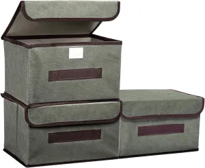 PATIKIL Fabric Collapsible Storage Bin 10.2 x 7.5 x 6.3 Inch, 3 Pcs Foldable Storage Box Cube with Lids and Handle Organizer Container for Home Bedroom Closet Clothes, Grey
