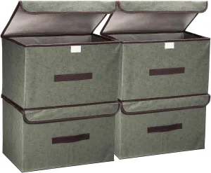 PATIKIL Fabric Collapsible Storage Bin 14.2 x 9.1 x 9.4 Inch, 4 Pcs Foldable Storage Box Cube with Lids and Handle Organizer Container for Home Bedroom Closet Clothes, Grey