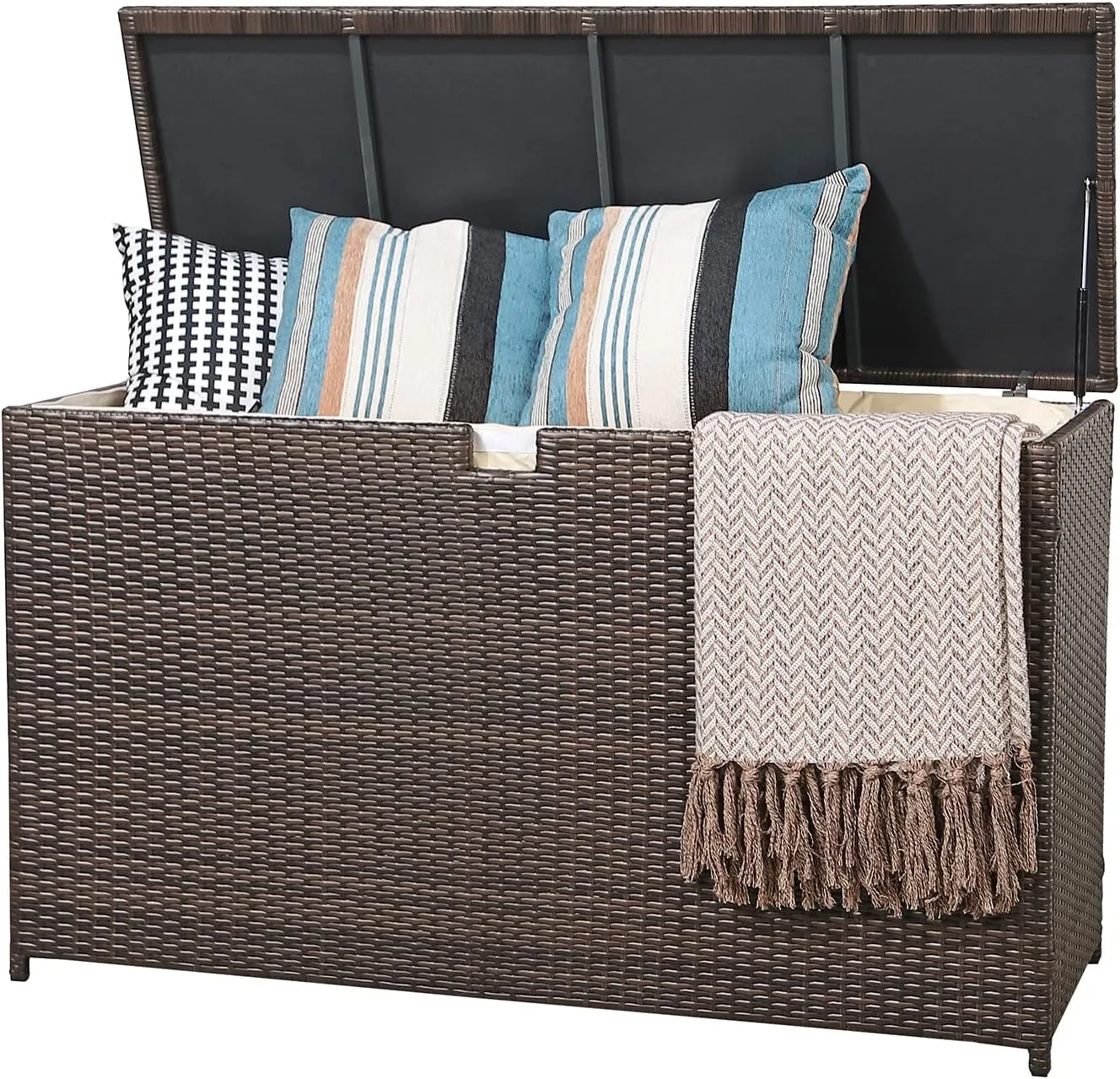 Patiorama Outdoor Wicker Storage Box, Garden Deck Bin with Aluminum Frame, Patio Cushion Storage, Brown Wicker Rattan Pool Storage Box, Water-Resistant Liner, 120 Gallon