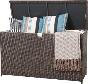 Patiorama Outdoor Wicker Storage Box, Garden Deck Bin with Aluminum Frame, Patio Cushion Storage, Brown Wicker Rattan Pool Storage Box, Water-Resistant Liner, 120 Gallon