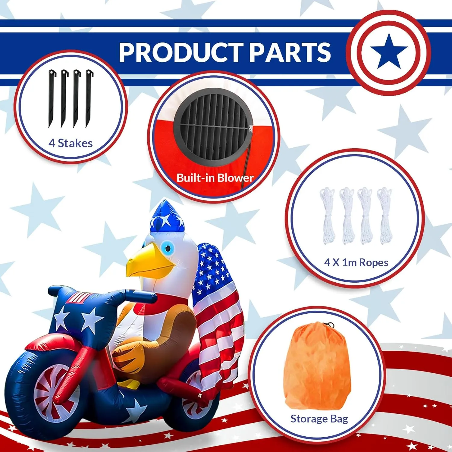 Patriotic Inflatable 5FT Eagle Sitting on Motorcycle 4th of July Inflatable Yard Decorations Outdoor Holiday LED Blow up Decor for American Decorations Advertising Business Promotion
