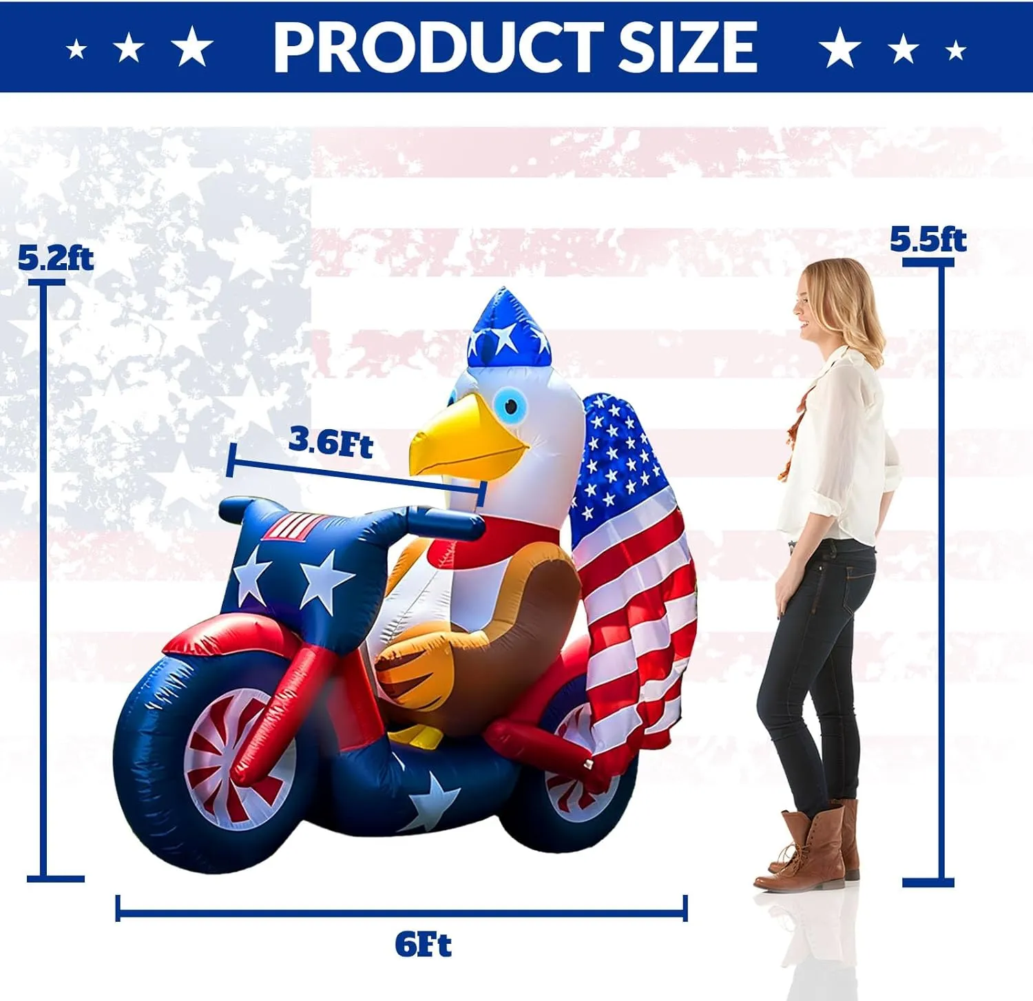 Patriotic Inflatable 5FT Eagle Sitting on Motorcycle 4th of July Inflatable Yard Decorations Outdoor Holiday LED Blow up Decor for American Decorations Advertising Business Promotion