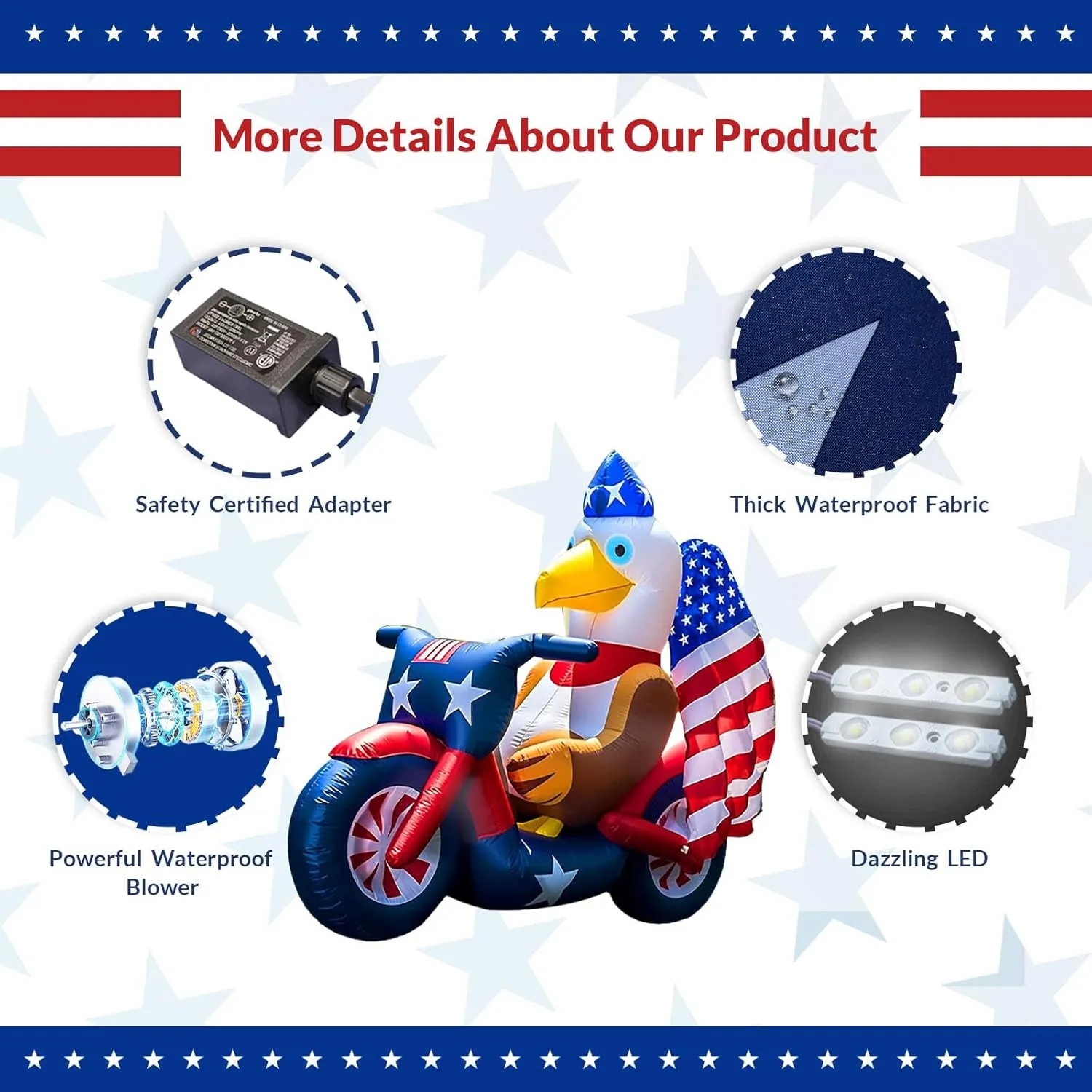 Patriotic Inflatable 5FT Eagle Sitting on Motorcycle 4th of July Inflatable Yard Decorations Outdoor Holiday LED Blow up Decor for American Decorations Advertising Business Promotion