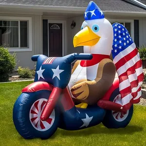 Patriotic Inflatable 5FT Eagle Sitting on Motorcycle 4th of July Inflatable Yard Decorations Outdoor Holiday LED Blow up Decor for American Decorations Advertising Business Promotion