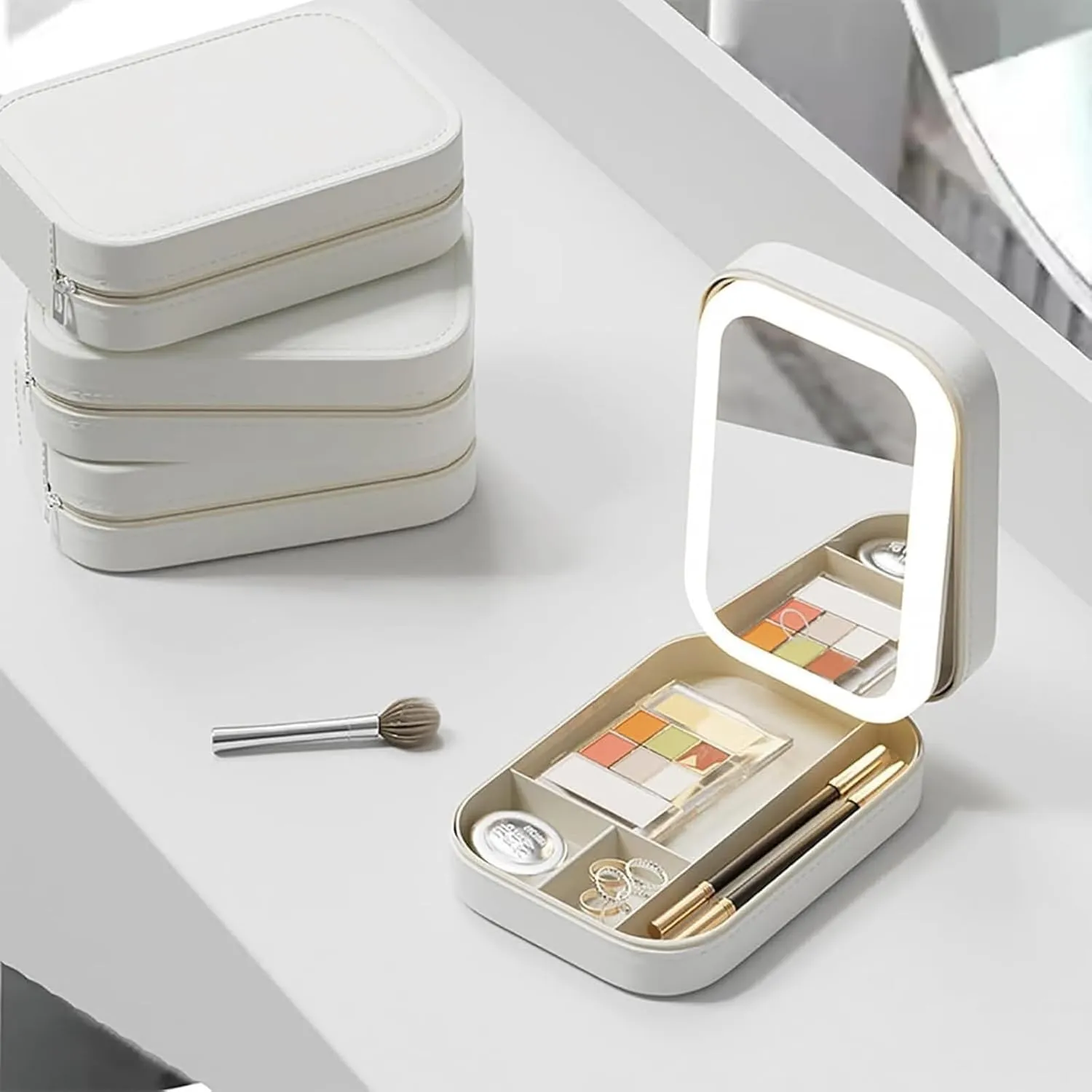 Periodicali Travel Makeup Mirror, Foldable with LED Fill Light, Cosmetic Storage Box, Dustproof and Portable (White)