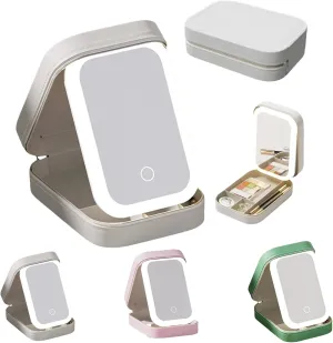 Periodicali Travel Makeup Mirror, Foldable with LED Fill Light, Cosmetic Storage Box, Dustproof and Portable (White)