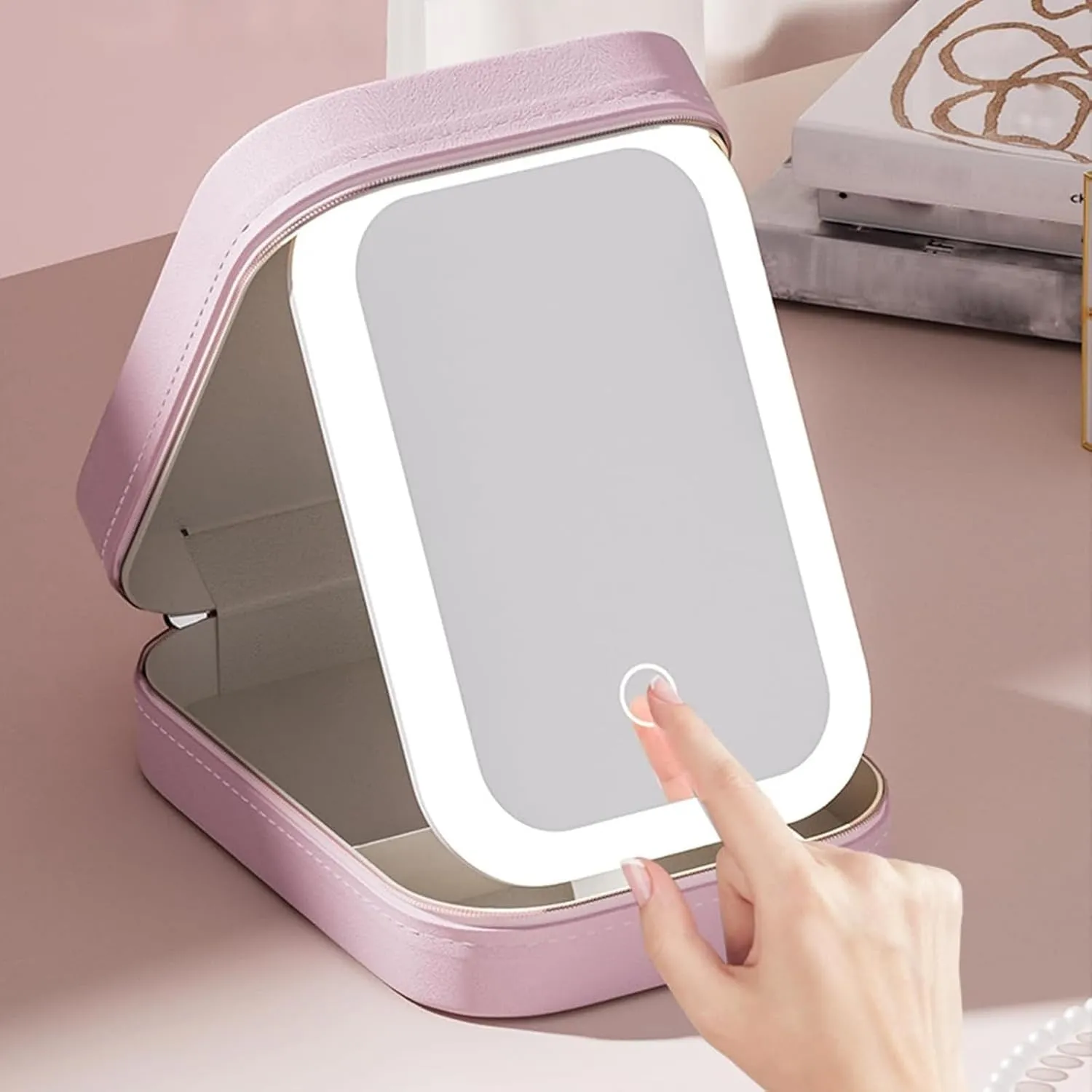 Periodicali Travel Makeup Mirror, Foldable with LED Fill Light, Cosmetic Storage Box, Dustproof and Portable (White)