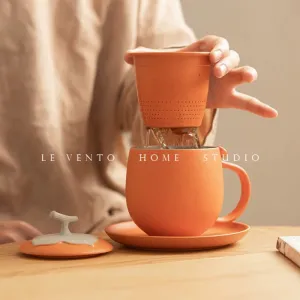 Persimmon of Good Fortun  Ceramic Tea Cup  Traditional Chinese Style Tea Infuser Mug with Filter  Premium Office or Personal Use 380ml
