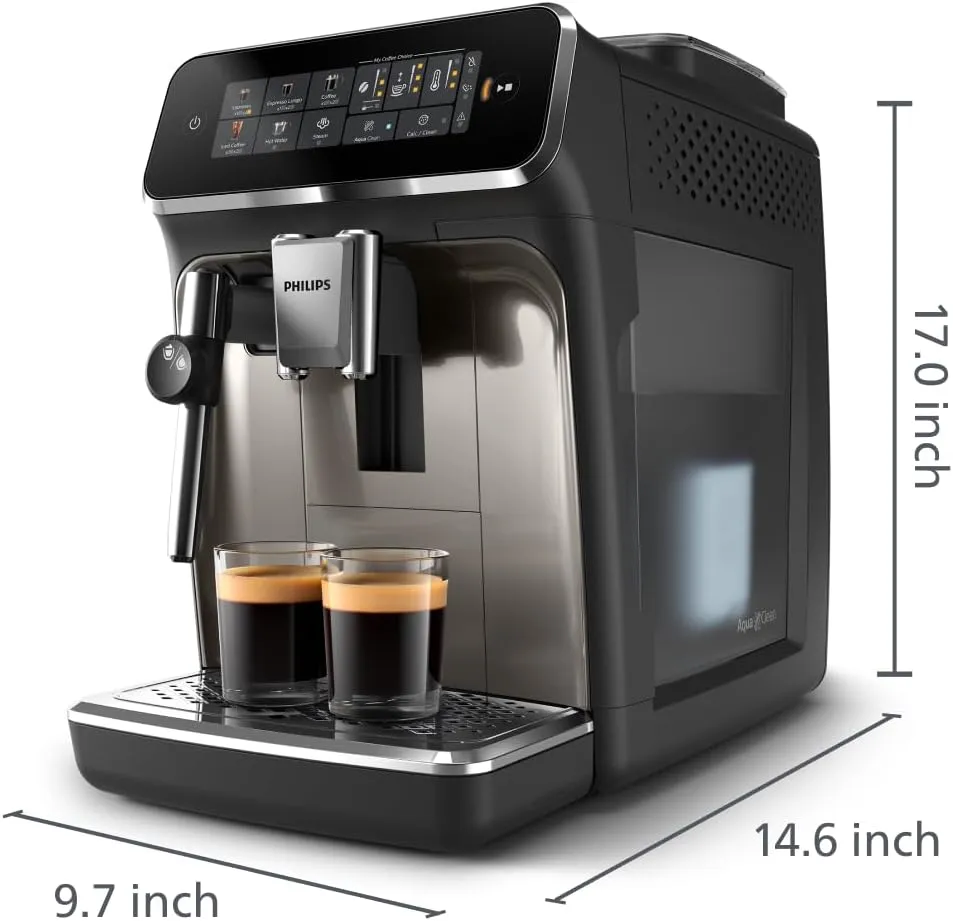 PHILIPS 3300 Series Fully Automatic Espresso Machine - 5 Hot & Iced drinks, 40% Quieter SilentBrew, Ceramic Grinder, Aquaclean Filter, Black Chrome (EP3326/90)