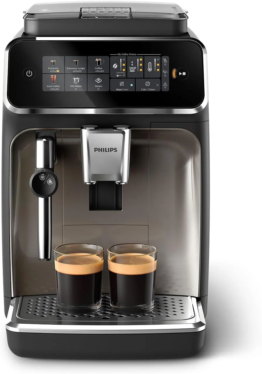 PHILIPS 3300 Series Fully Automatic Espresso Machine - 5 Hot & Iced drinks, 40% Quieter SilentBrew, Ceramic Grinder, Aquaclean Filter, Black Chrome (EP3326/90)