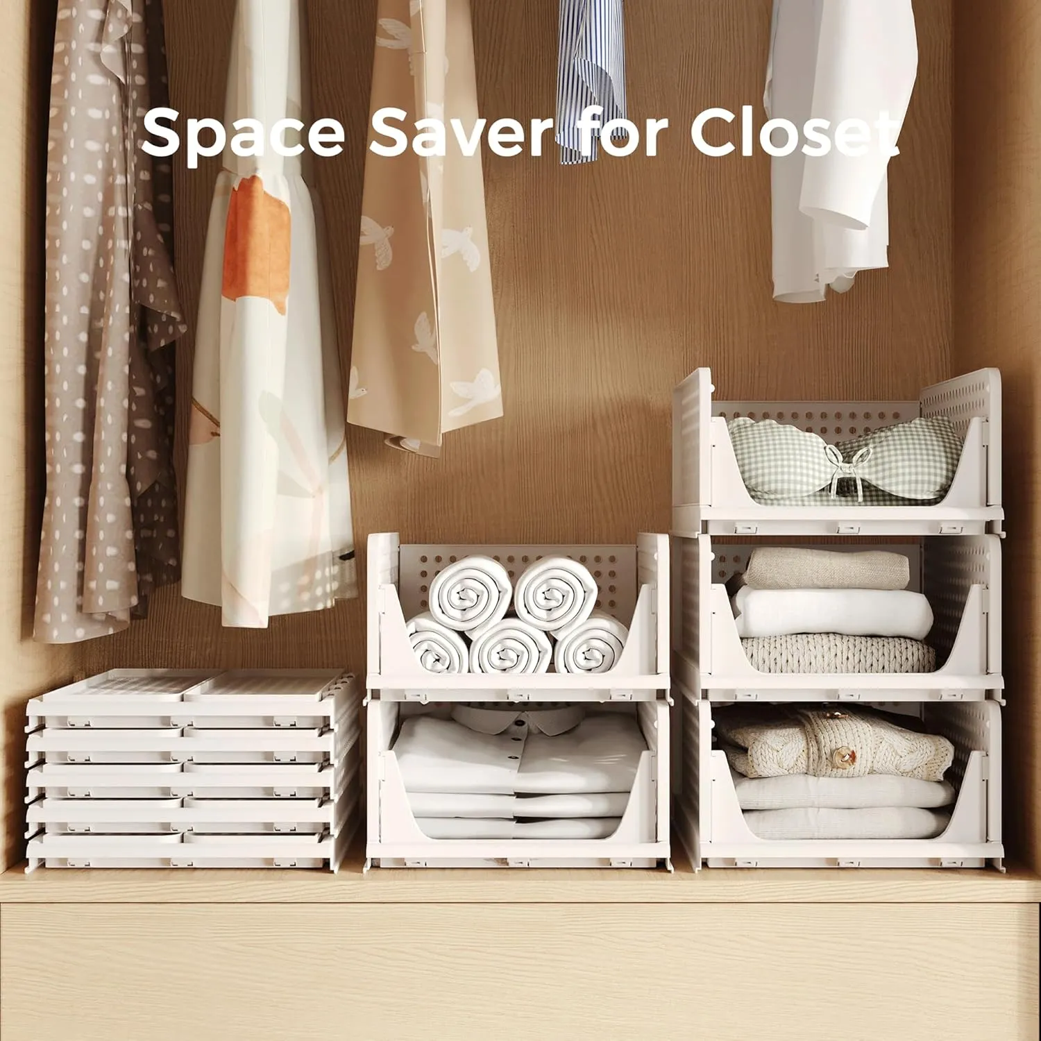 Pinkpum Stackable Plastic Storage Basket, Foldable Closet Organizers and Storage Bins 4 Pack Drawer Shelf Storage Container for Wardrobe Kitchen Bathroom Office Dorm White