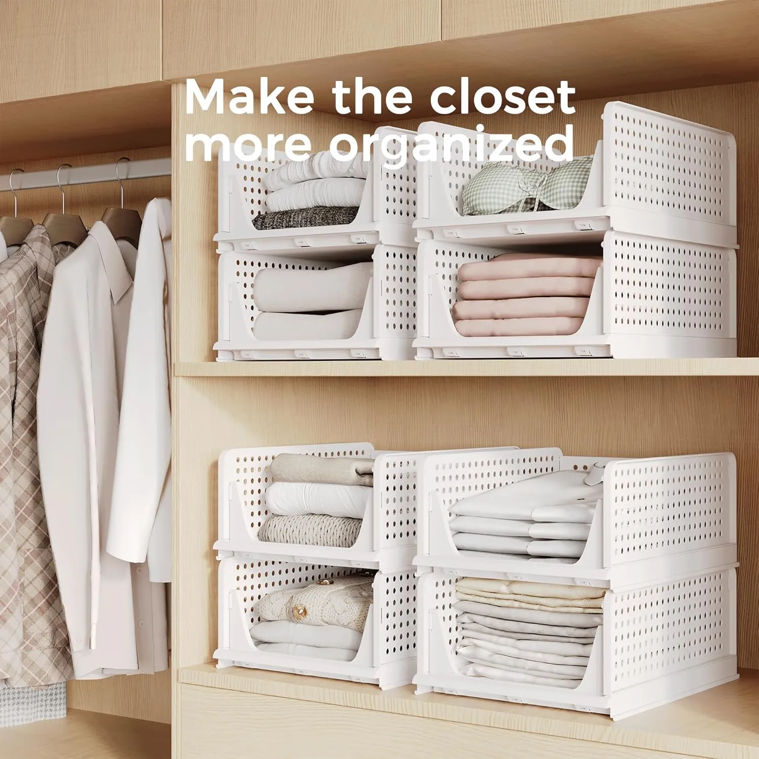 Pinkpum Stackable Plastic Storage Basket, Foldable Closet Organizers and Storage Bins 4 Pack Drawer Shelf Storage Container for Wardrobe Kitchen Bathroom Office Dorm White