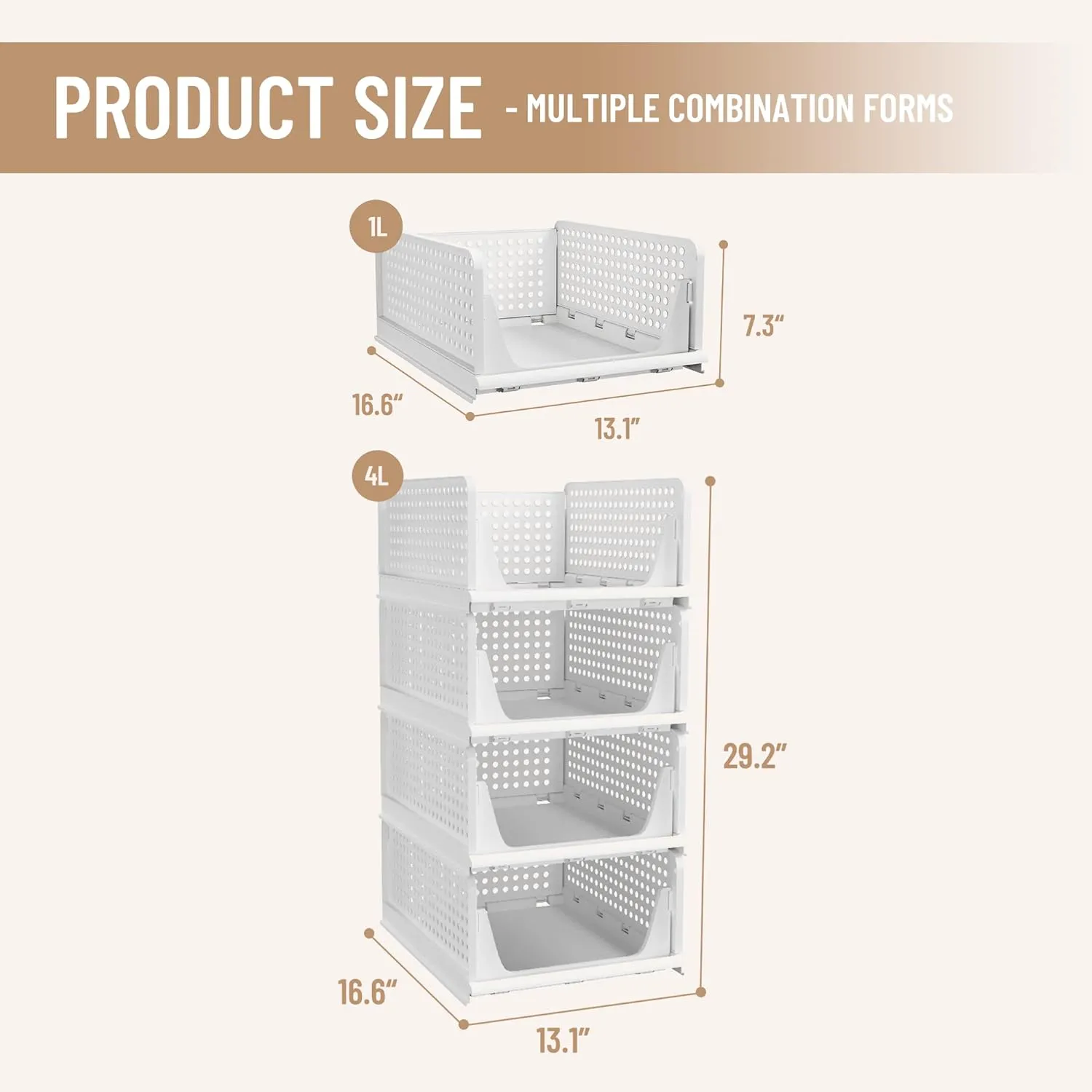 Pinkpum Stackable Plastic Storage Basket, Foldable Closet Organizers and Storage Bins 4 Pack Drawer Shelf Storage Container for Wardrobe Kitchen Bathroom Office Dorm White