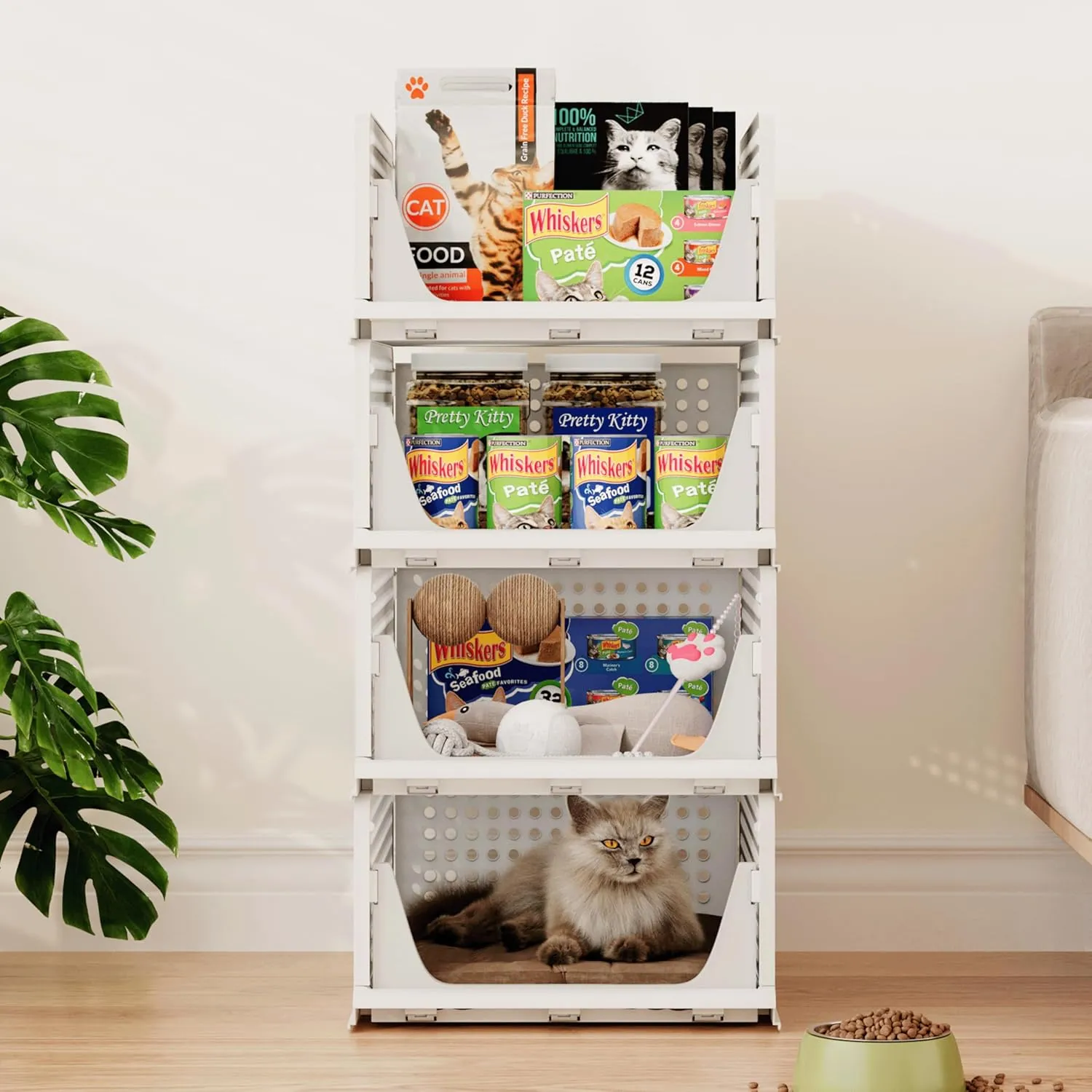Pinkpum Stackable Plastic Storage Basket, Foldable Closet Organizers and Storage Bins 4 Pack Drawer Shelf Storage Container for Wardrobe Kitchen Bathroom Office Dorm White