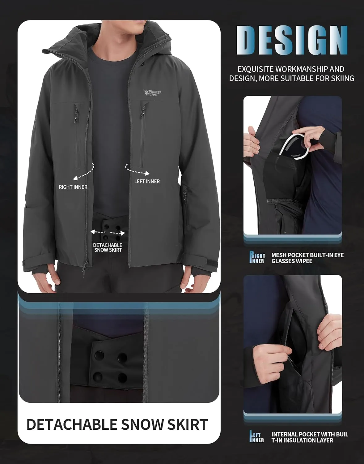 Pioneer Camp Men's Ski Jacket Waterproof Insulated Snowboard Gear Cold Weather Winter Warm Mountain Snow Coat