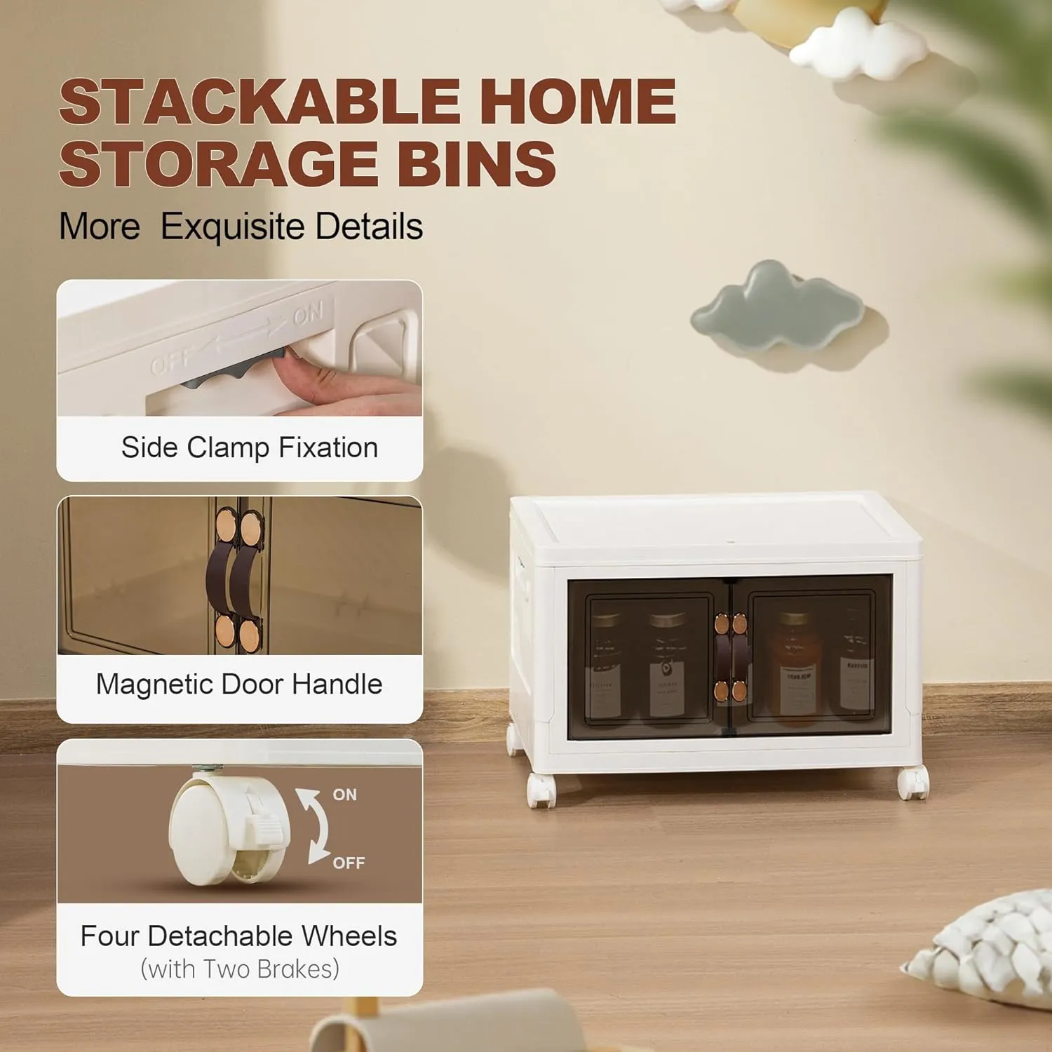 Plastic Stackable Storage Bins with Lids - 8.4Gal/1 Pack Collapsible Cabinet with Wheels, Storage Bin Closet Organizer for Clothes, Stackable Containers for Home