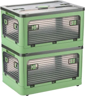 Plastic Trunk Organizer,Closet Organizers and Storage,7 Gal Collapsible Storage Bins,Dorm Room Essentials,2 Pack Dorm Storage Bins with Lids and Doors,Stackable Closet Organizer (7 Gal, Green 2 Pack)