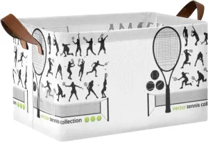 Poeticcity 1 PC Rectangular Storage Basket Bin, Foldable Box Baskets Organizer with Leather Handles for Home M 16.9x11.4x10 in Tennis Player Silhouette Different Actions Tennis Racket Ball