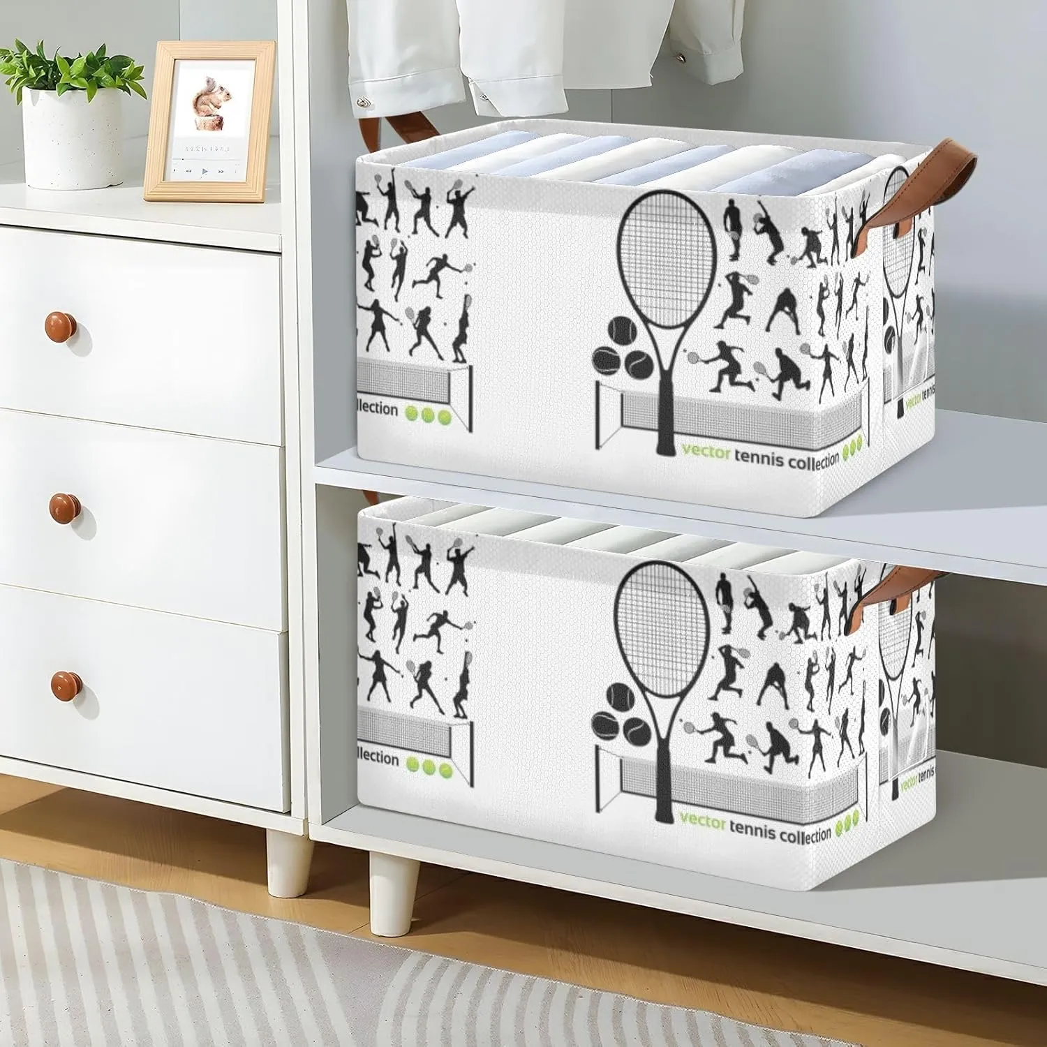 Poeticcity 1 PC Rectangular Storage Basket Bin, Foldable Box Baskets Organizer with Leather Handles for Home M 16.9x11.4x10 in Tennis Player Silhouette Different Actions Tennis Racket Ball