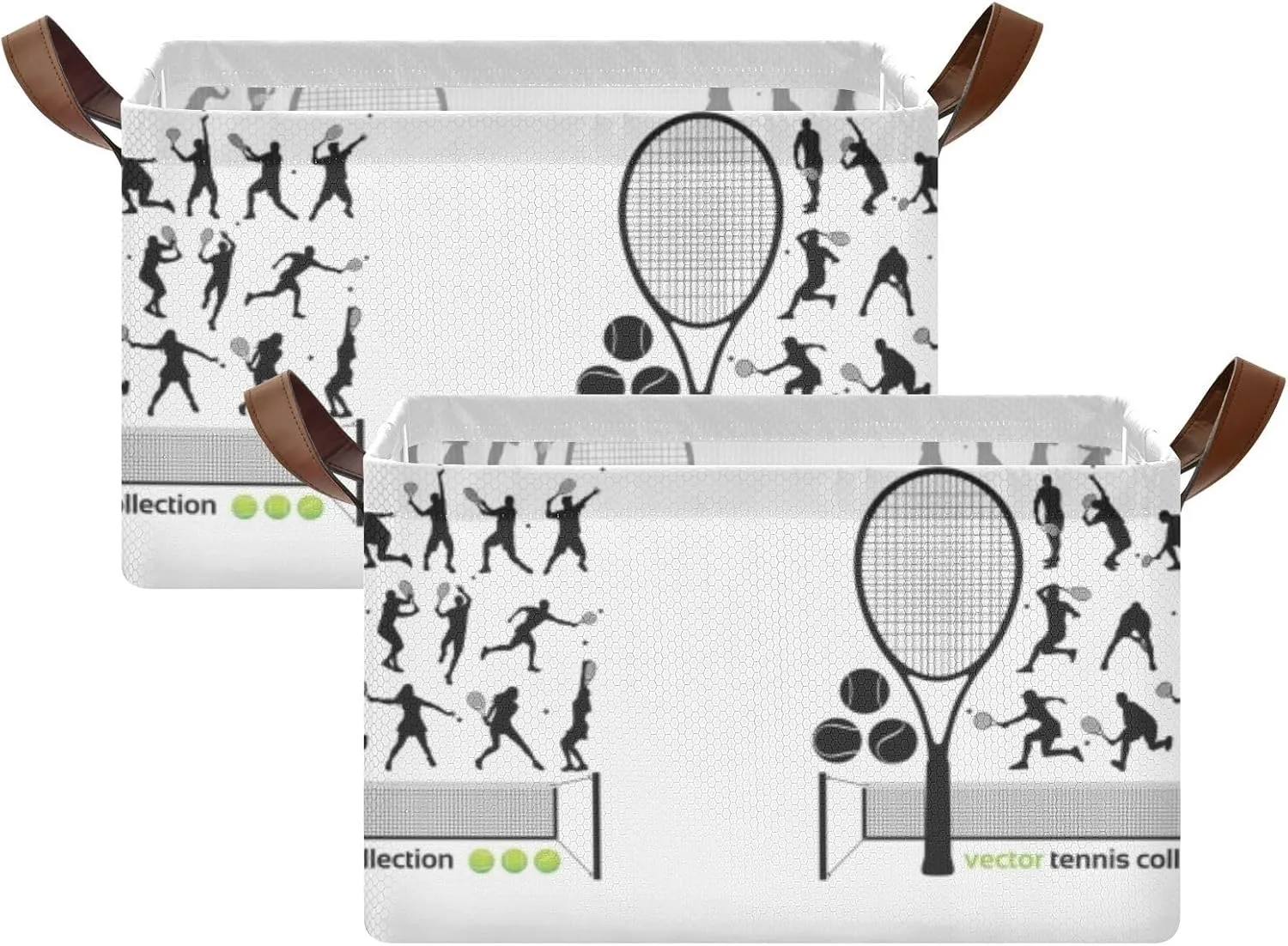 Poeticcity 1 PC Rectangular Storage Basket Bin, Foldable Box Baskets Organizer with Leather Handles for Home M 16.9x11.4x10 in Tennis Player Silhouette Different Actions Tennis Racket Ball