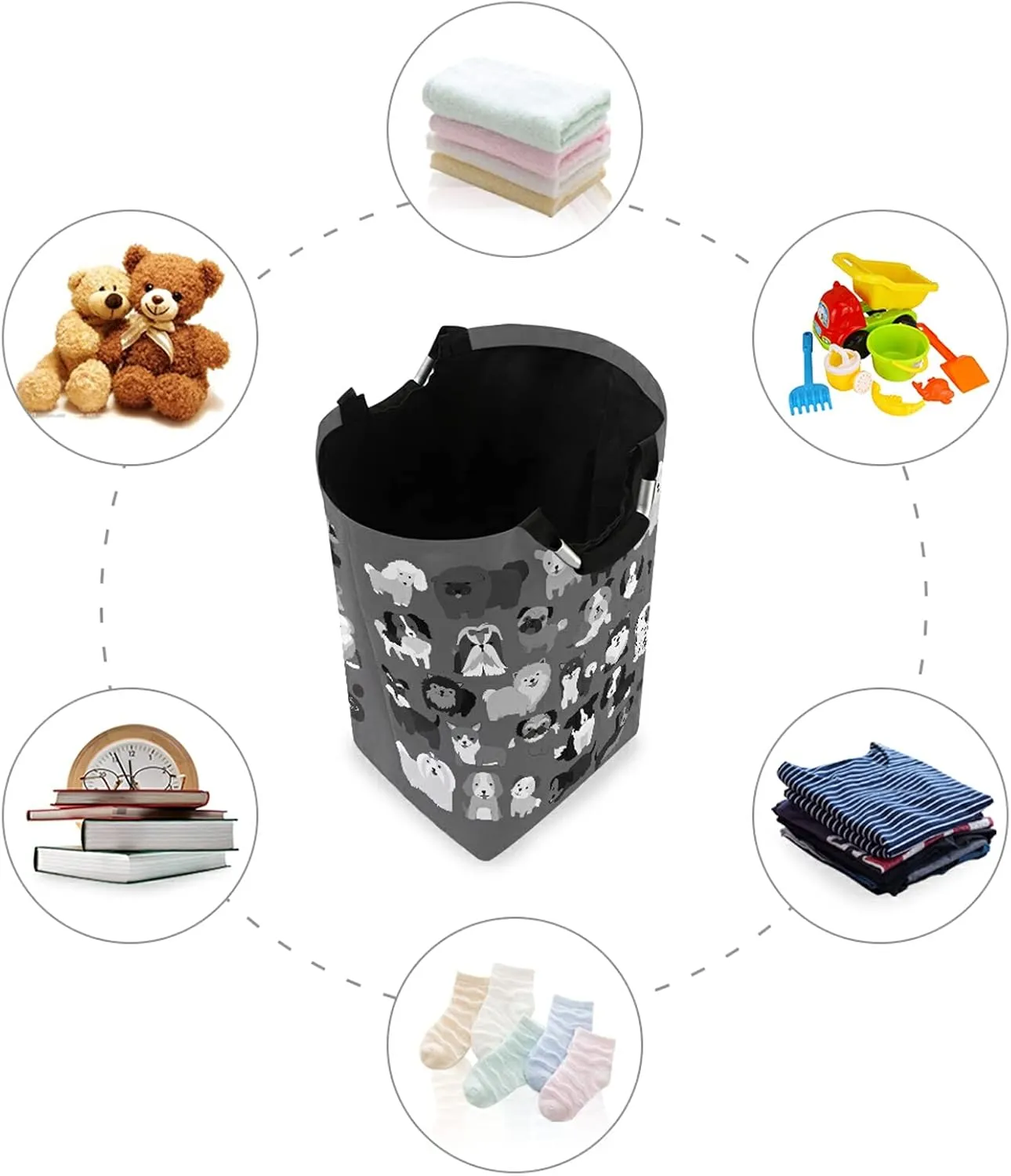 Poeticcity Cute Black Grey White Dogs Puppies Set Seamless on Dark Grey Laundry Hamper Basket Bucket, Foldable Dirty Clothes Bag, Waterproof Fabric Washing Bin, Toy Storage with Handles for Bathroom