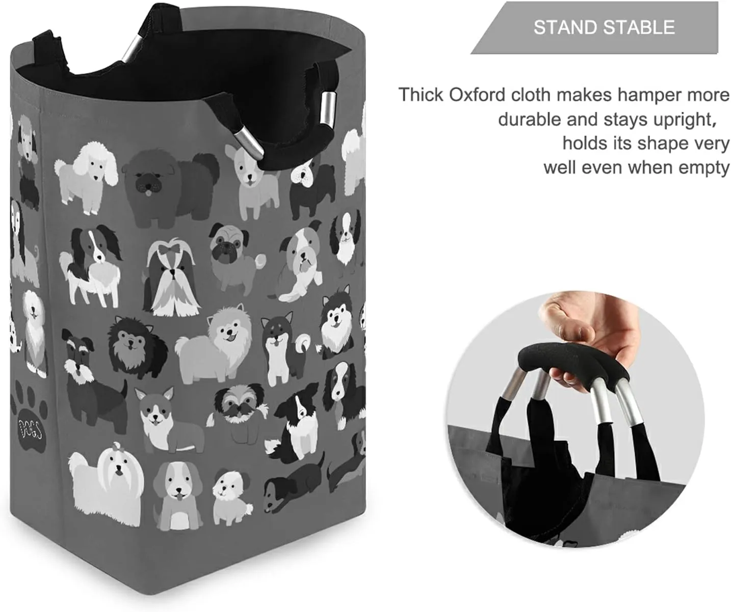 Poeticcity Cute Black Grey White Dogs Puppies Set Seamless on Dark Grey Laundry Hamper Basket Bucket, Foldable Dirty Clothes Bag, Waterproof Fabric Washing Bin, Toy Storage with Handles for Bathroom
