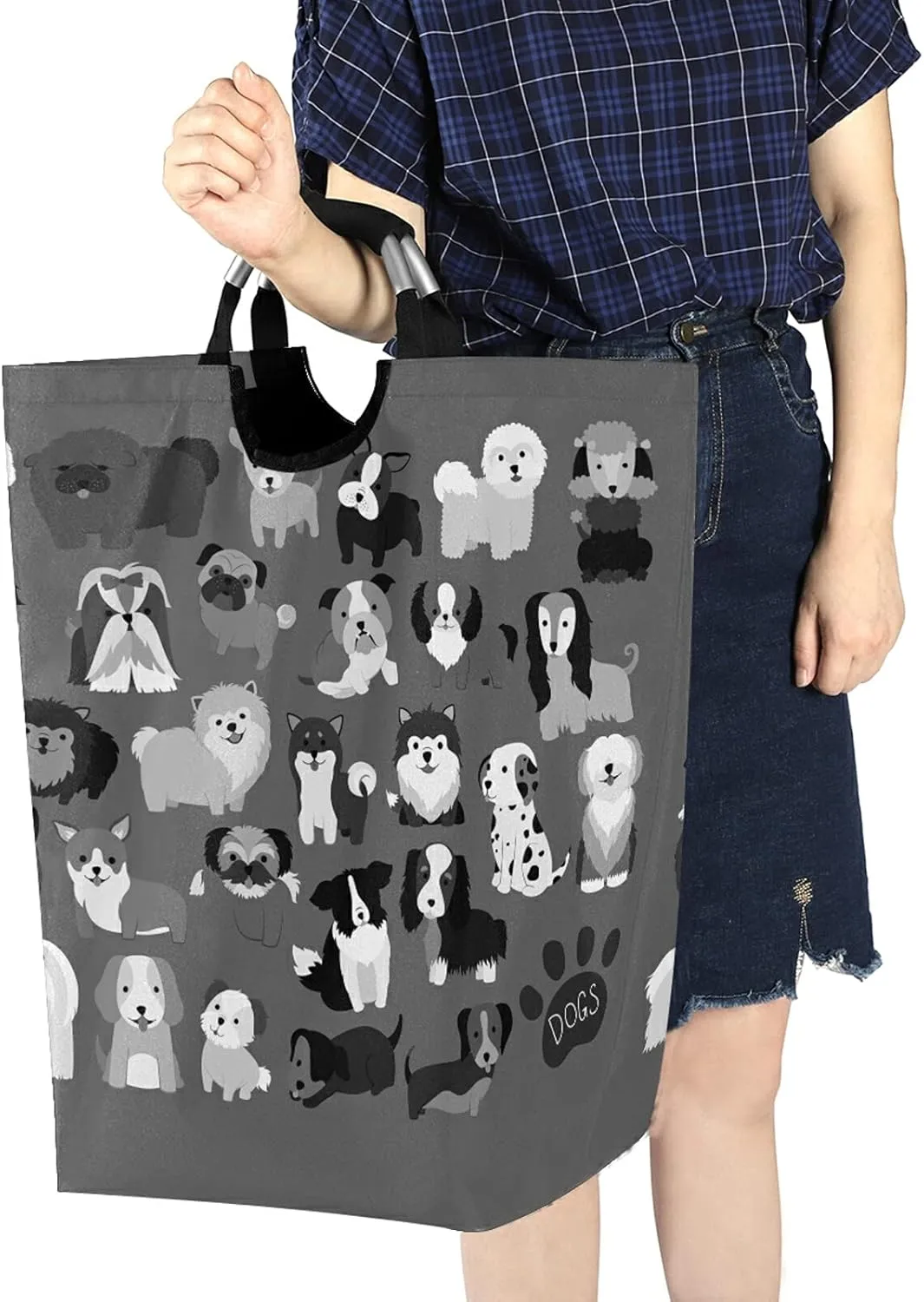 Poeticcity Cute Black Grey White Dogs Puppies Set Seamless on Dark Grey Laundry Hamper Basket Bucket, Foldable Dirty Clothes Bag, Waterproof Fabric Washing Bin, Toy Storage with Handles for Bathroom