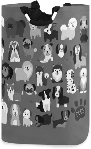 Poeticcity Cute Black Grey White Dogs Puppies Set Seamless on Dark Grey Laundry Hamper Basket Bucket, Foldable Dirty Clothes Bag, Waterproof Fabric Washing Bin, Toy Storage with Handles for Bathroom