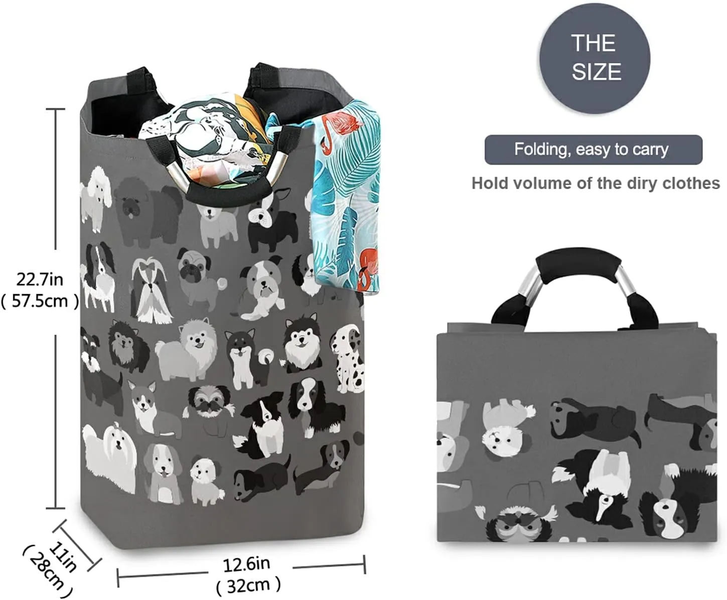 Poeticcity Cute Black Grey White Dogs Puppies Set Seamless on Dark Grey Laundry Hamper Basket Bucket, Foldable Dirty Clothes Bag, Waterproof Fabric Washing Bin, Toy Storage with Handles for Bathroom