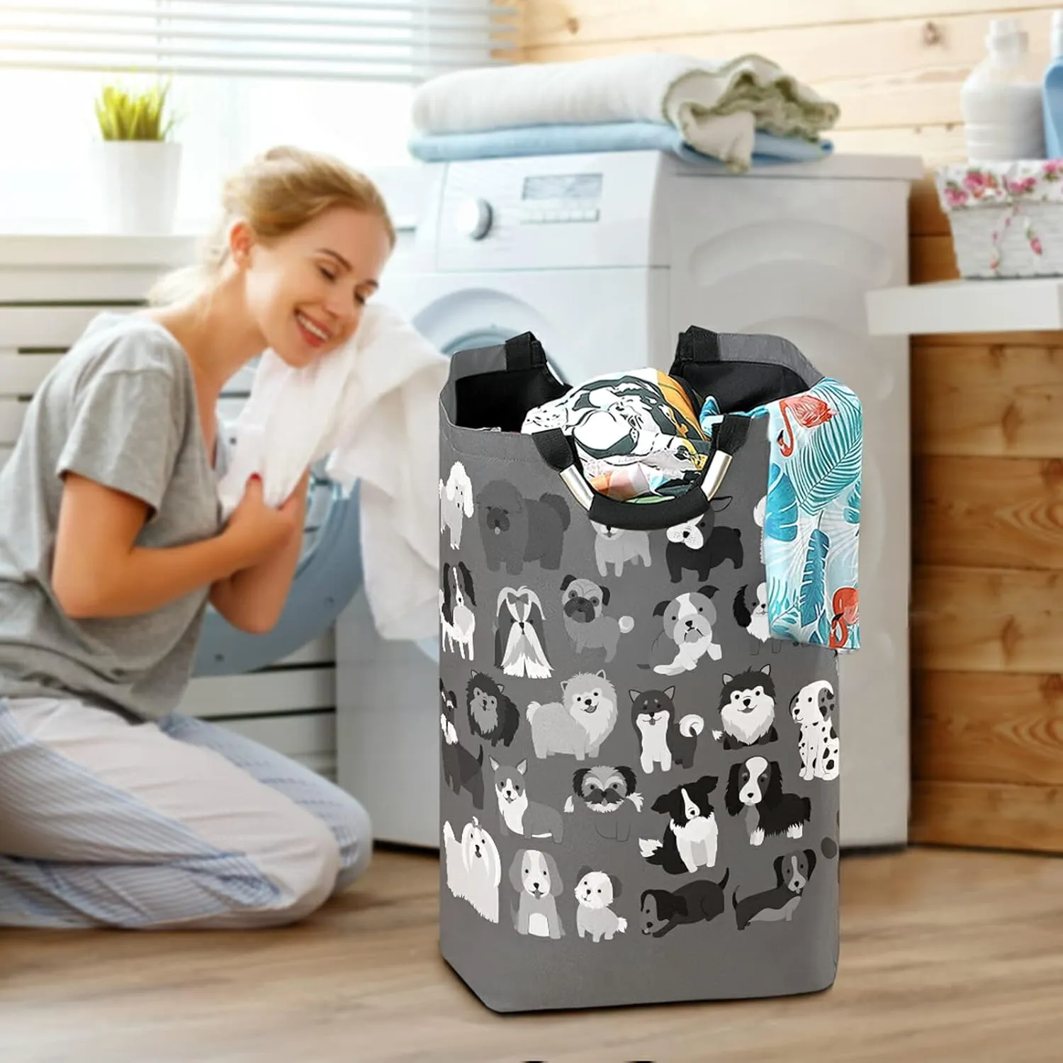 Poeticcity Cute Black Grey White Dogs Puppies Set Seamless on Dark Grey Laundry Hamper Basket Bucket, Foldable Dirty Clothes Bag, Waterproof Fabric Washing Bin, Toy Storage with Handles for Bathroom