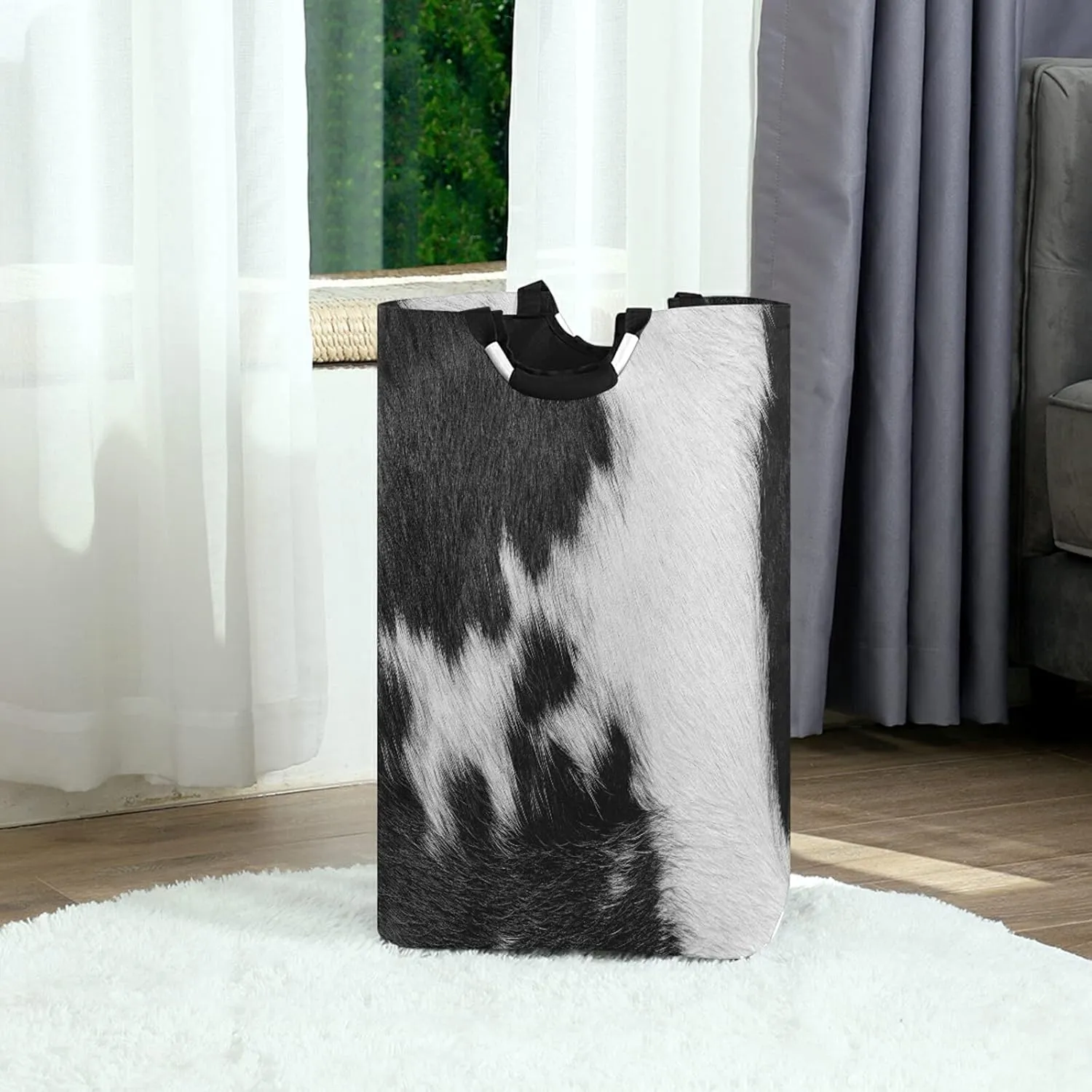 Poeticcity Fragment of a Skin of a Cow Black White Real Animal Skin Laundry Hamper Basket Bucket, Foldable Dirty Clothes Bag, Waterproof Fabric Washing Bin, Toy Storage with Handles for Bathroom