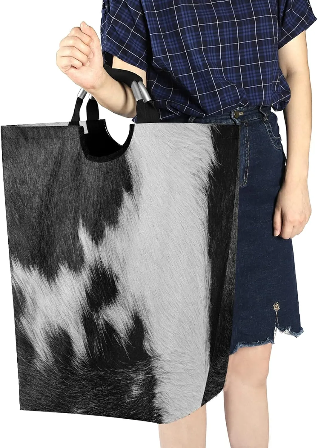 Poeticcity Fragment of a Skin of a Cow Black White Real Animal Skin Laundry Hamper Basket Bucket, Foldable Dirty Clothes Bag, Waterproof Fabric Washing Bin, Toy Storage with Handles for Bathroom