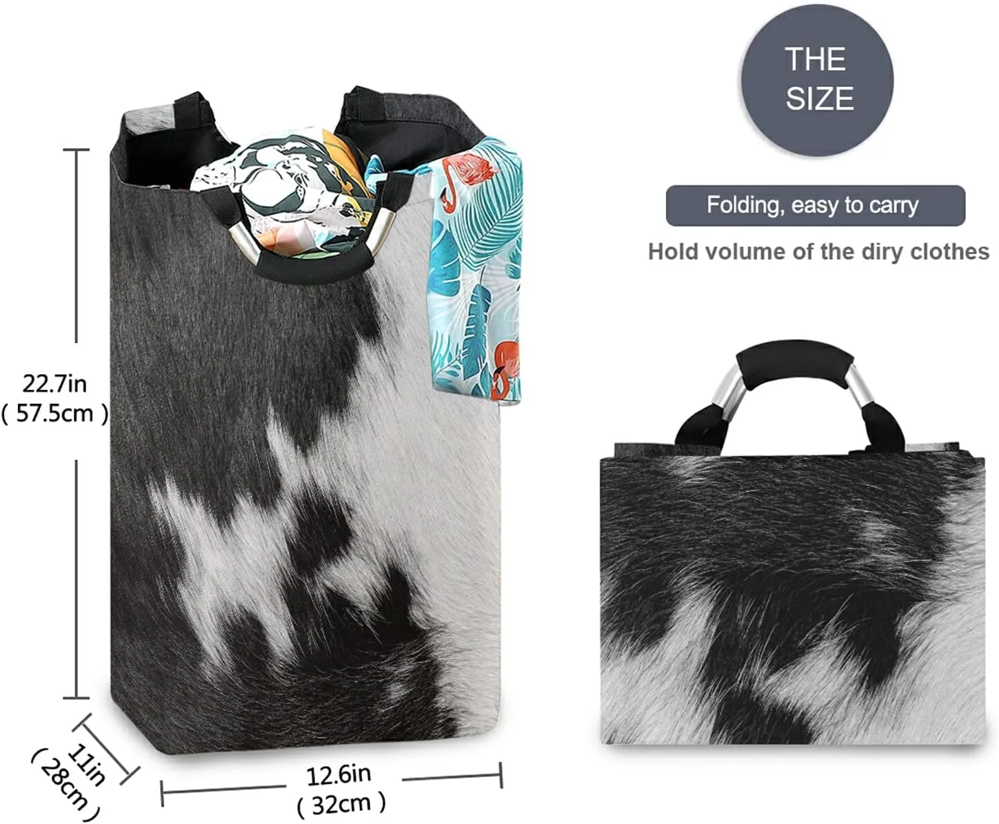Poeticcity Fragment of a Skin of a Cow Black White Real Animal Skin Laundry Hamper Basket Bucket, Foldable Dirty Clothes Bag, Waterproof Fabric Washing Bin, Toy Storage with Handles for Bathroom