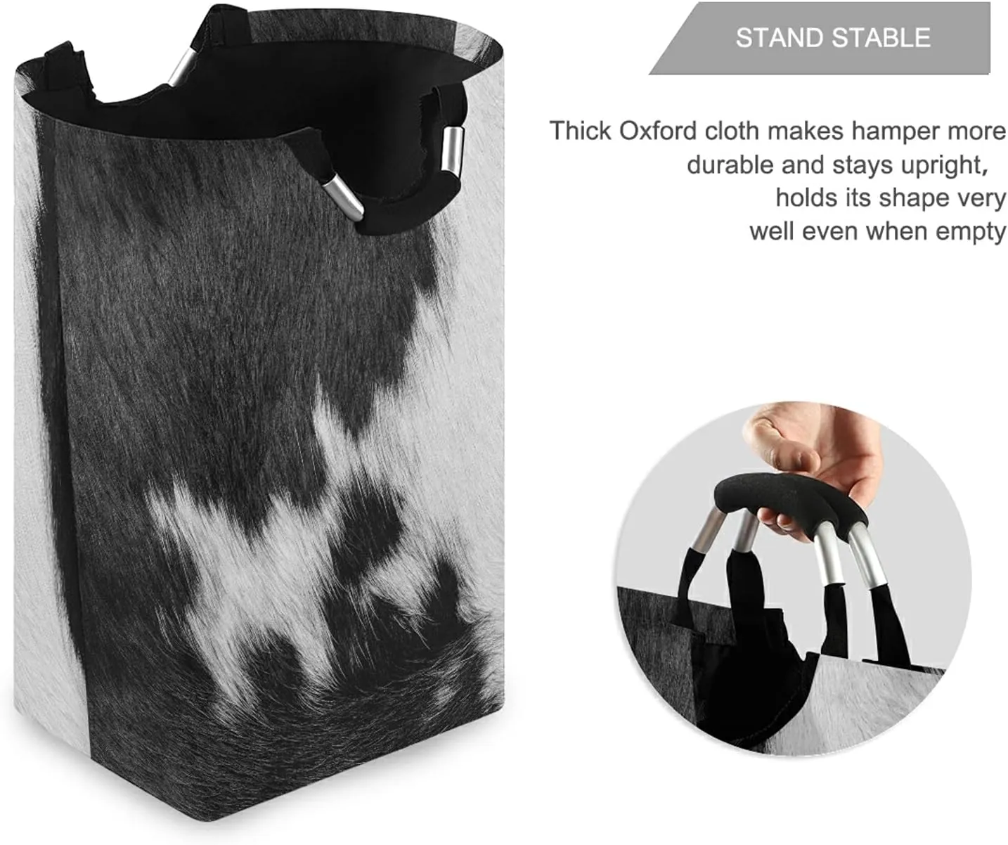 Poeticcity Fragment of a Skin of a Cow Black White Real Animal Skin Laundry Hamper Basket Bucket, Foldable Dirty Clothes Bag, Waterproof Fabric Washing Bin, Toy Storage with Handles for Bathroom