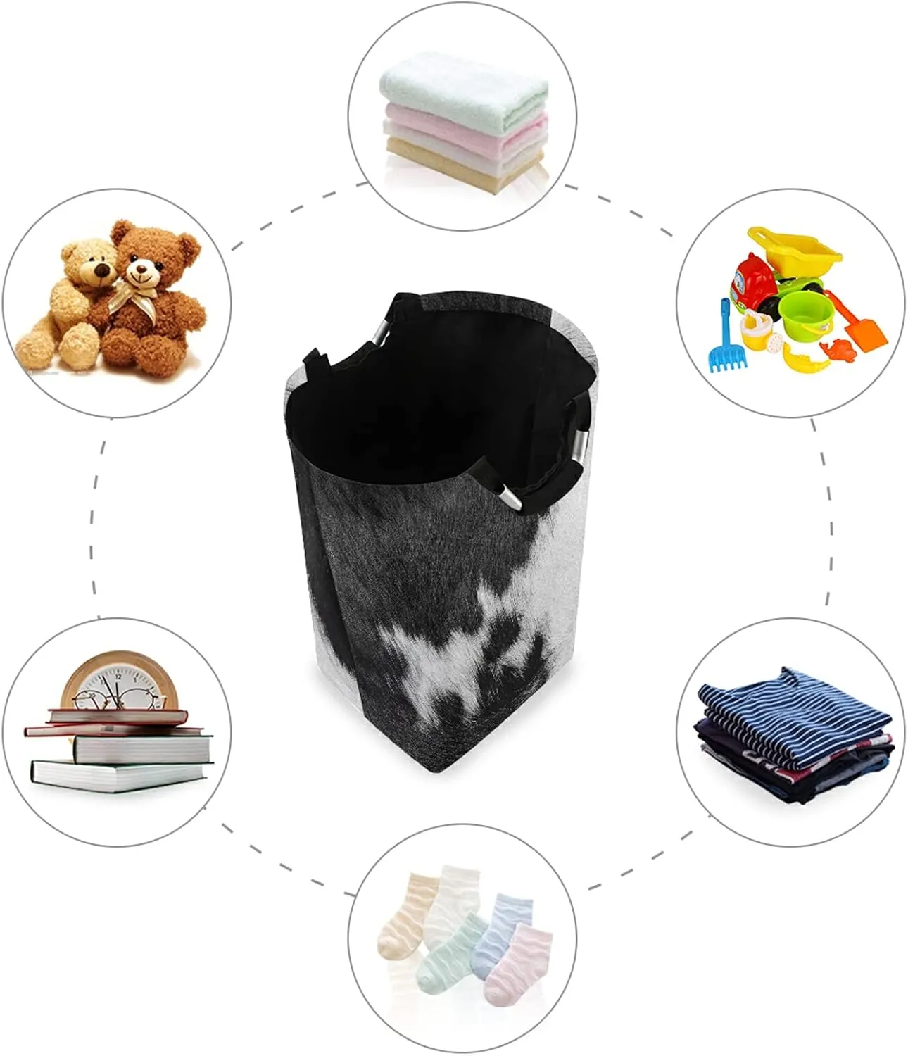 Poeticcity Fragment of a Skin of a Cow Black White Real Animal Skin Laundry Hamper Basket Bucket, Foldable Dirty Clothes Bag, Waterproof Fabric Washing Bin, Toy Storage with Handles for Bathroom