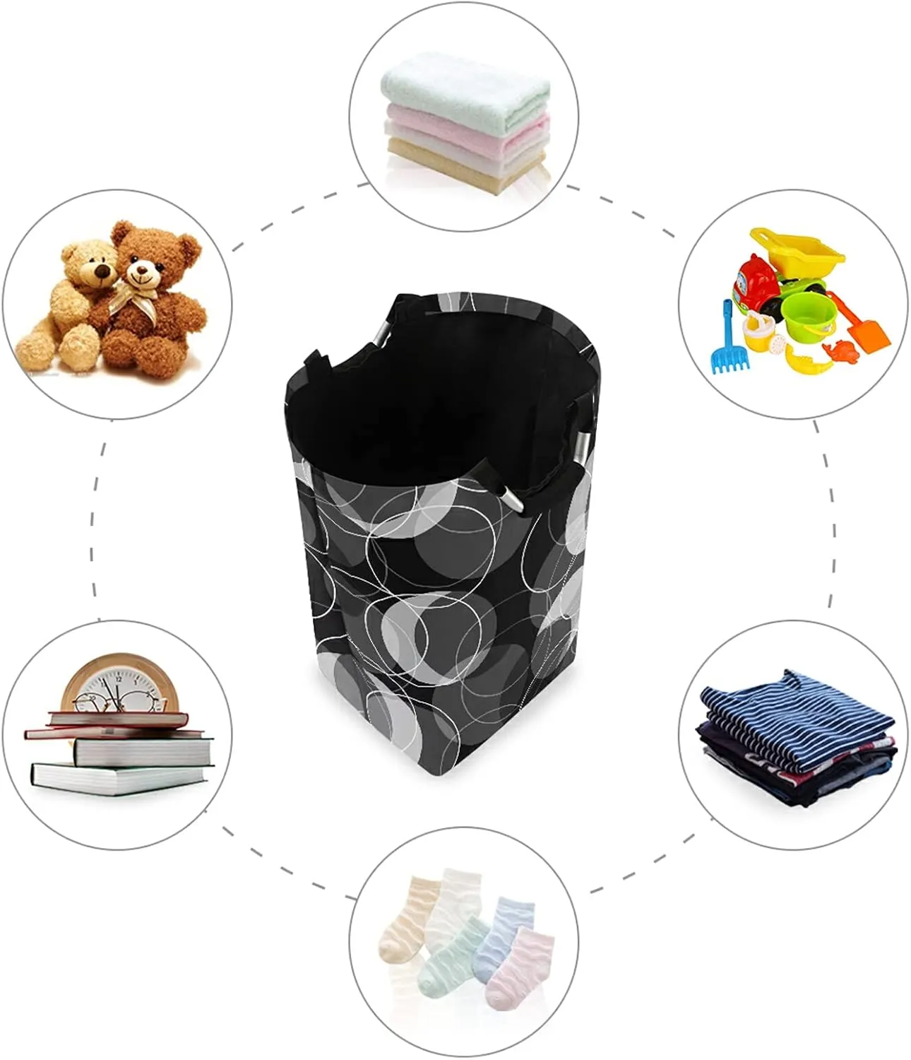 Poeticcity Retro Rings Black Grey White Circles Laundry Hamper Basket Bucket, Foldable Dirty Clothes Bag, Waterproof Fabric Washing Bin, Toy Storage with Handles for Bathroom