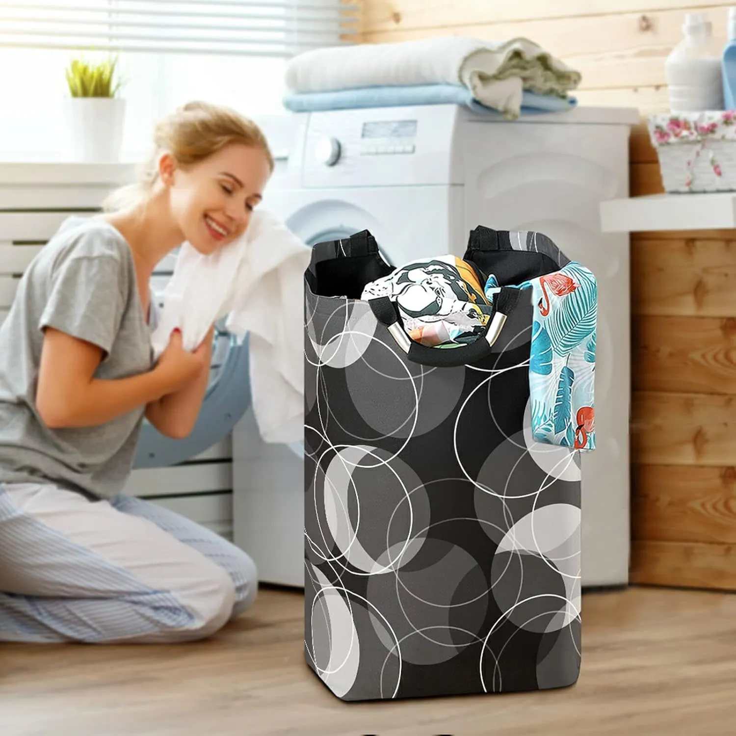 Poeticcity Retro Rings Black Grey White Circles Laundry Hamper Basket Bucket, Foldable Dirty Clothes Bag, Waterproof Fabric Washing Bin, Toy Storage with Handles for Bathroom
