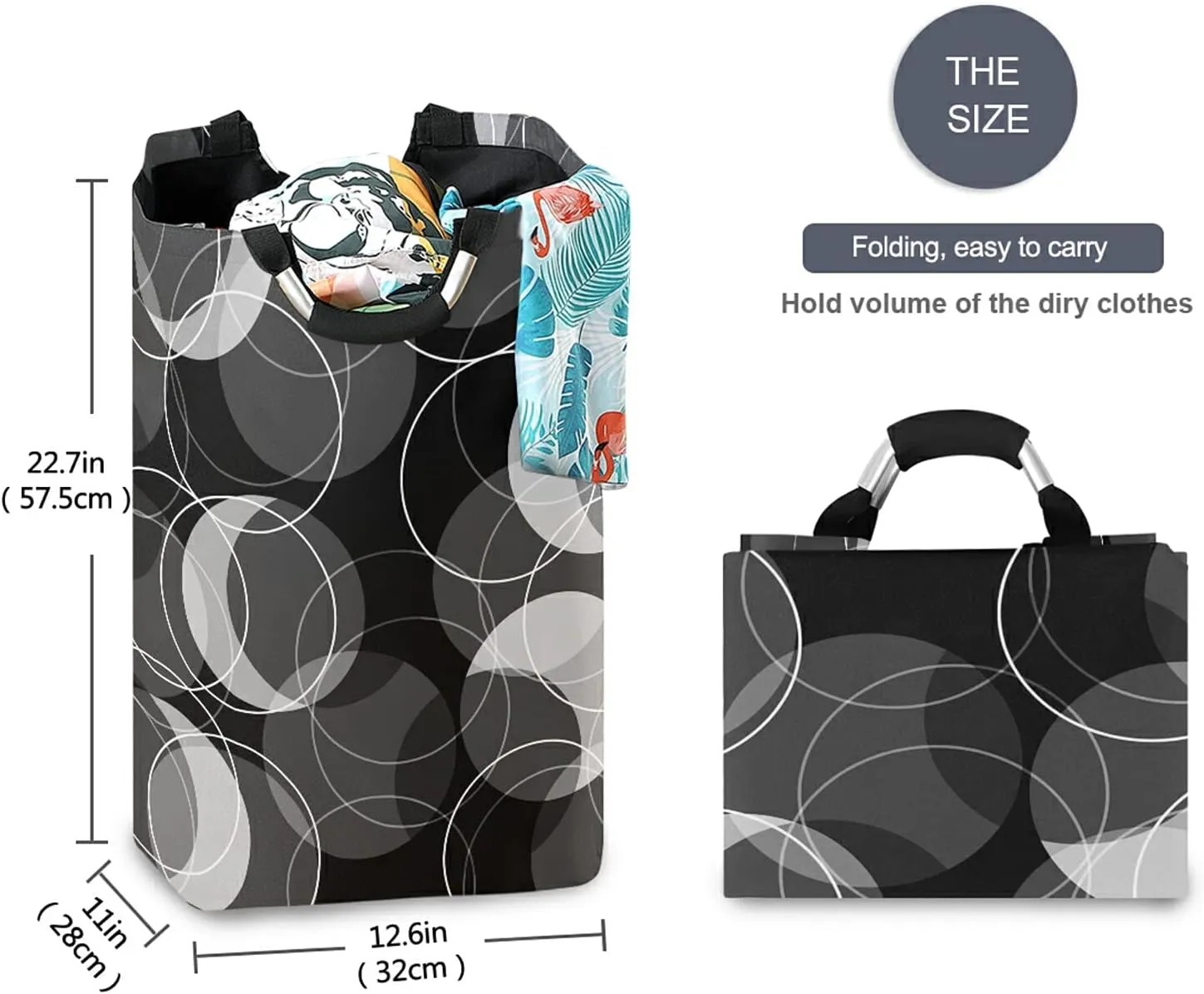 Poeticcity Retro Rings Black Grey White Circles Laundry Hamper Basket Bucket, Foldable Dirty Clothes Bag, Waterproof Fabric Washing Bin, Toy Storage with Handles for Bathroom