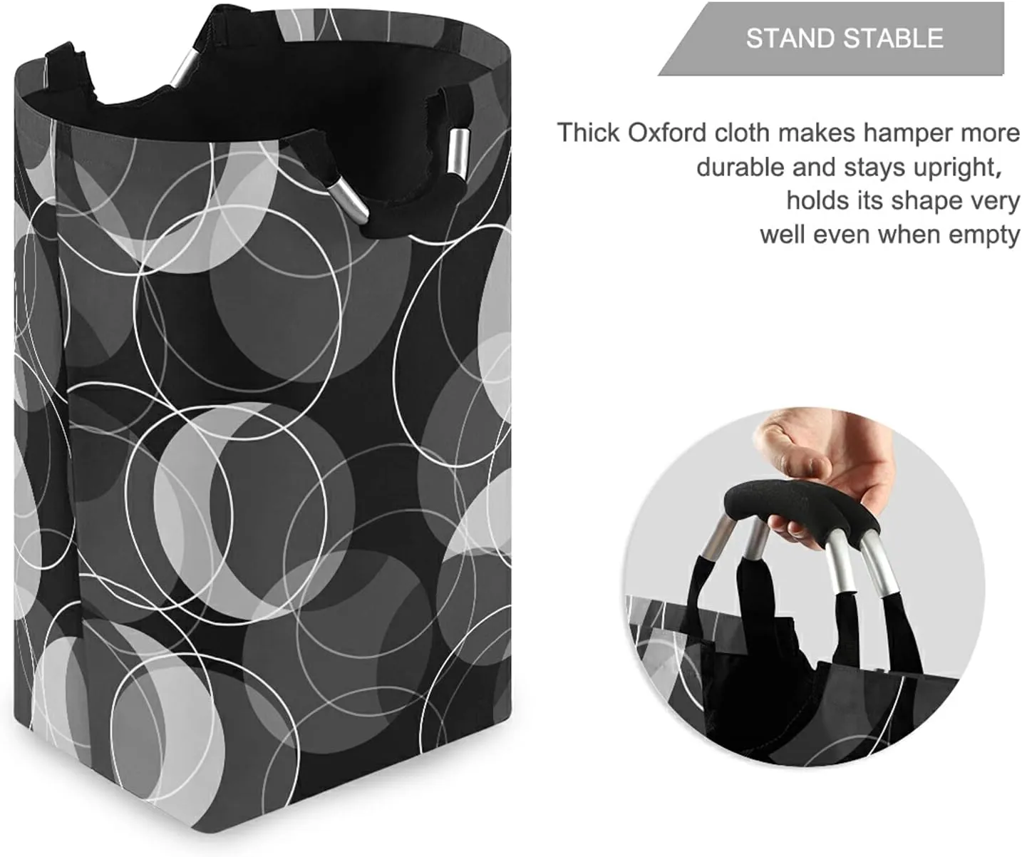 Poeticcity Retro Rings Black Grey White Circles Laundry Hamper Basket Bucket, Foldable Dirty Clothes Bag, Waterproof Fabric Washing Bin, Toy Storage with Handles for Bathroom