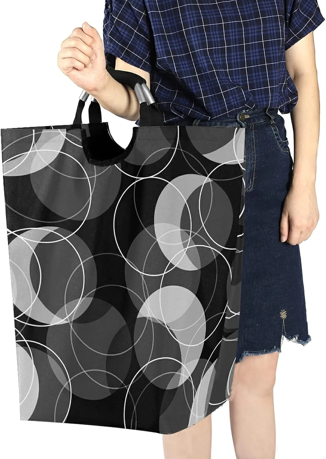 Poeticcity Retro Rings Black Grey White Circles Laundry Hamper Basket Bucket, Foldable Dirty Clothes Bag, Waterproof Fabric Washing Bin, Toy Storage with Handles for Bathroom