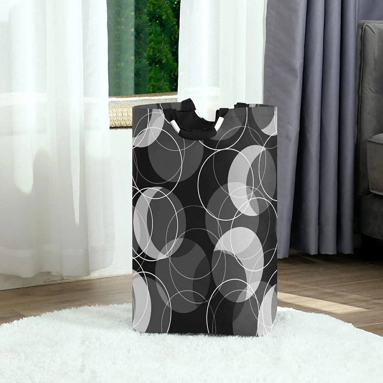 Poeticcity Retro Rings Black Grey White Circles Laundry Hamper Basket Bucket, Foldable Dirty Clothes Bag, Waterproof Fabric Washing Bin, Toy Storage with Handles for Bathroom