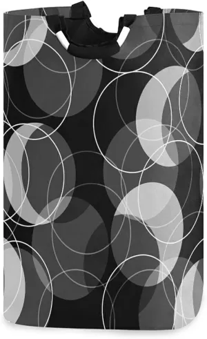 Poeticcity Retro Rings Black Grey White Circles Laundry Hamper Basket Bucket, Foldable Dirty Clothes Bag, Waterproof Fabric Washing Bin, Toy Storage with Handles for Bathroom