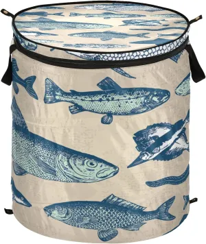 Poeticcity Retro Underwater Marine Fish Drawings Set Icons Vintage Style Pop Up Laundry Hamper, Collapsible Dirty Clothes Basket with Zipper Lid, Storage Bag Washing Bin for Room College Dorm Travel
